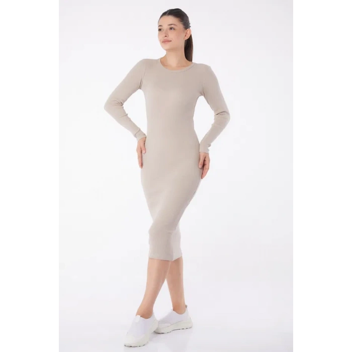 Düz Bisiklet Yaka Kadın Midi Elbise