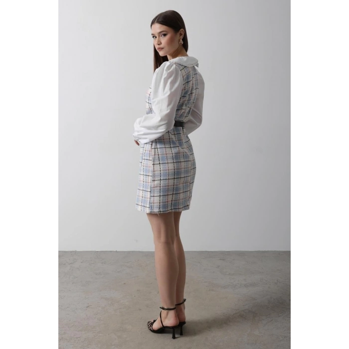 Ekoseli Gömlek Detaylı Elbise - Mavi