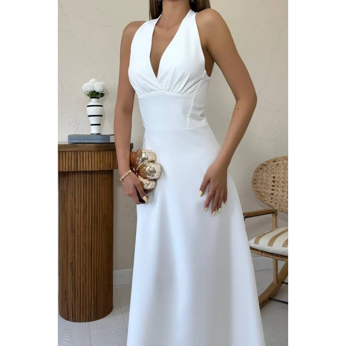 Ekru Atlas Göğüs Kuplu Elbise