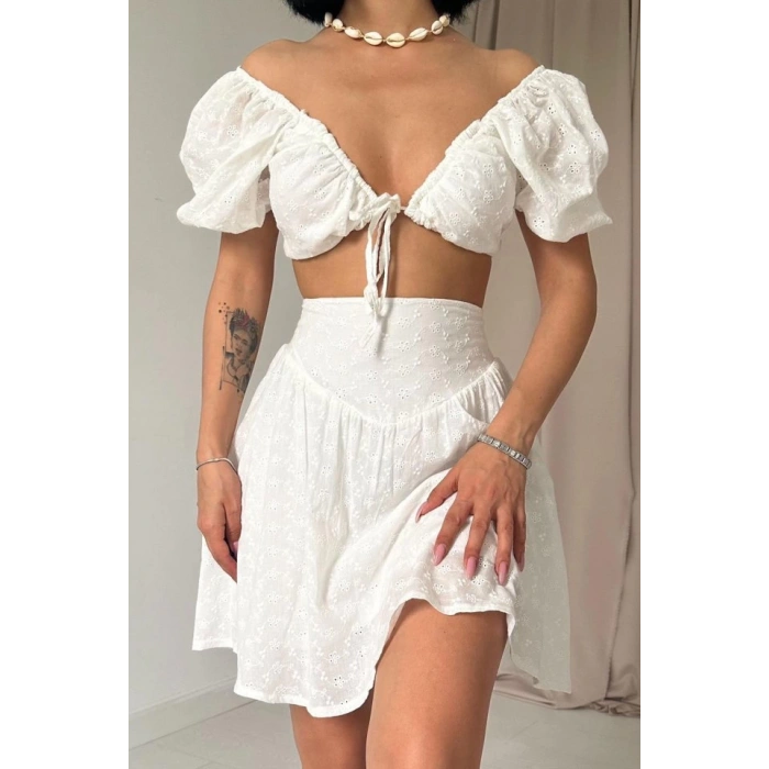 Ekru Brode Crop Ve Mini Etek Takım