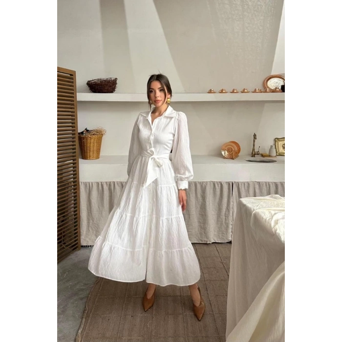 Ekru Çizgi Desenli Uzun Elbise