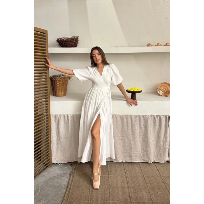 Ekru Müslin Uzun Elbise