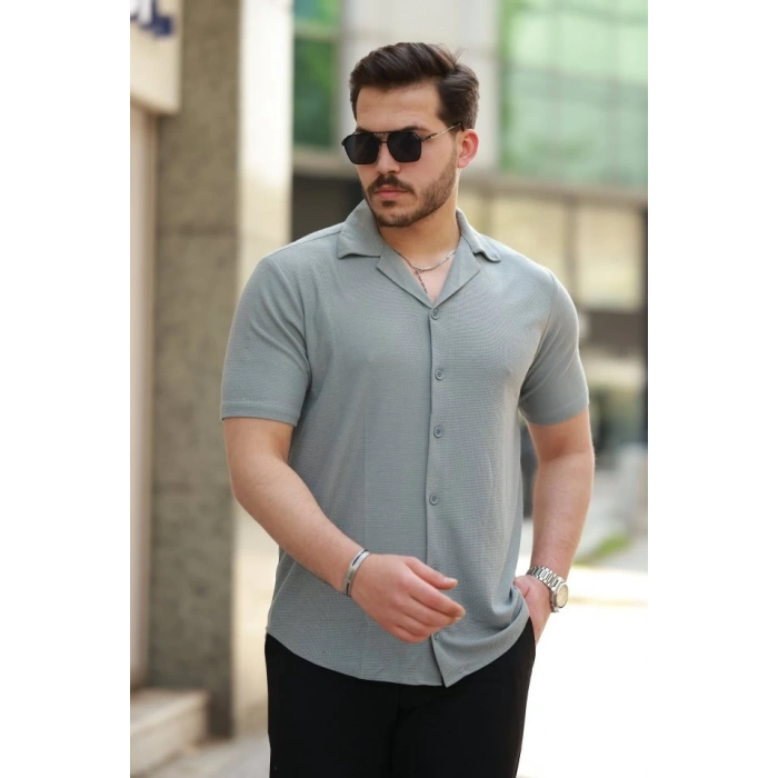 Erkek Apaç Yaka örme Kumaş Kısa Kollu Gömlek