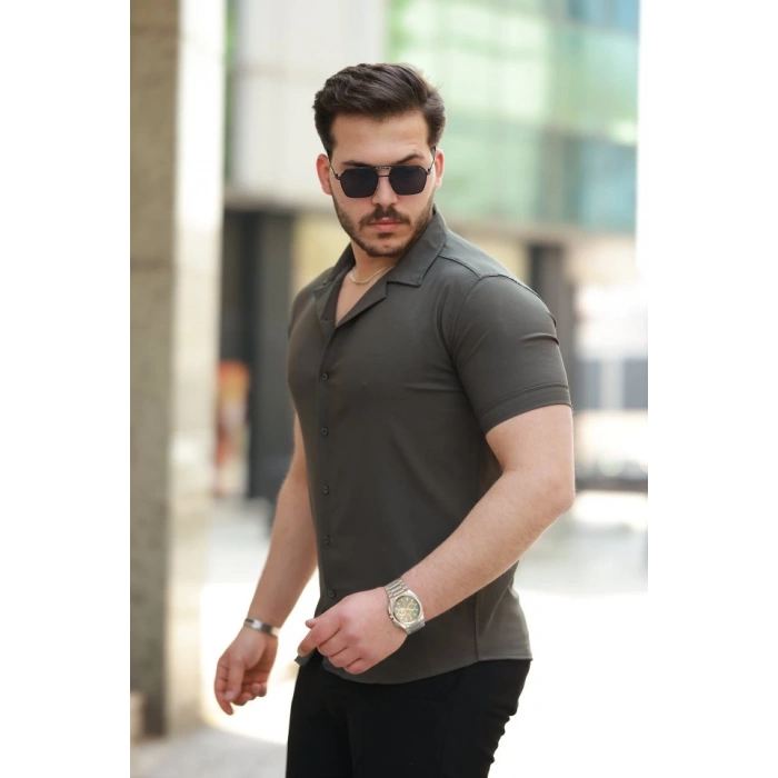 Erkek Apaj Yaka Kısa Kollu Gömlek