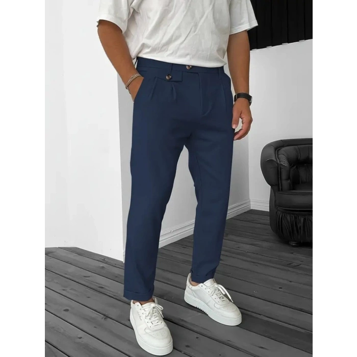 Erkek Belden Düğmeli Cepli Dokuma Pantolon