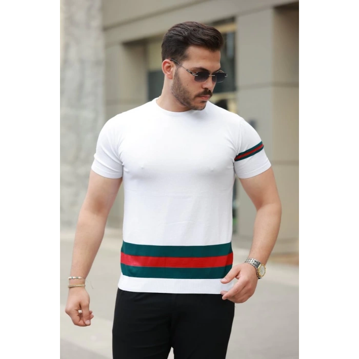 Erkek Bisiklet Yaka Bel Ve Kol şerit Desenli Kısa Kollu Tişört