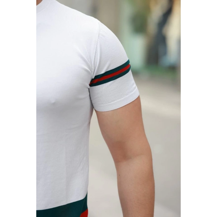 Erkek Bisiklet Yaka Bel Ve Kol şerit Desenli Kısa Kollu Tişört