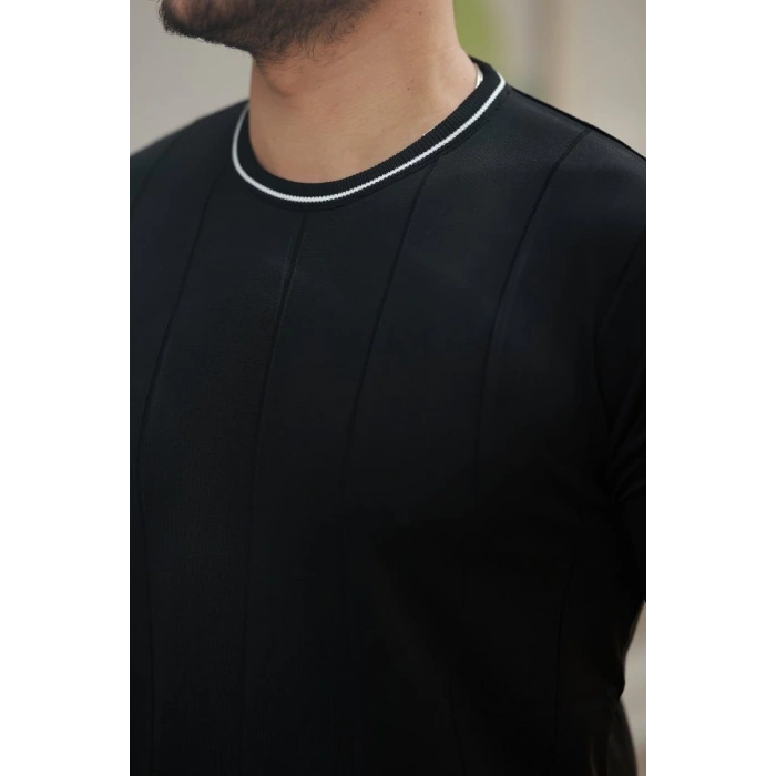 Erkek Bisiklet Yaka çizgi Desenli Ribanalı Kısa Kollu Tshirt