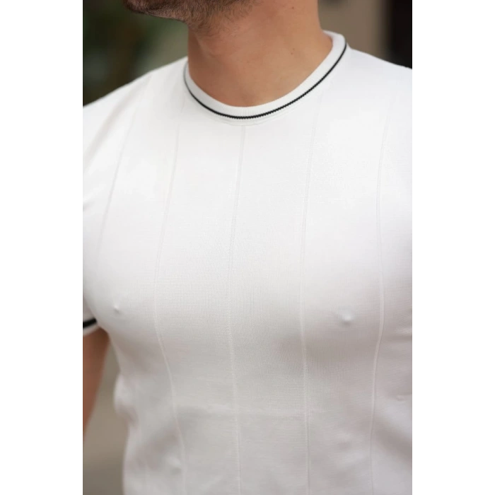 Erkek Bisiklet Yaka çizgi Desenli Ribanalı Kısa Kollu Tshirt