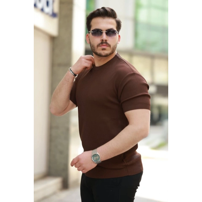 Erkek Bisiklet Yaka Jakarlı Kısa Kollu Tshirt