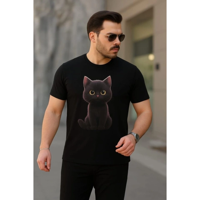 Erkek Bisiklet Yaka Kedi Baskılı Süprem T-shirt