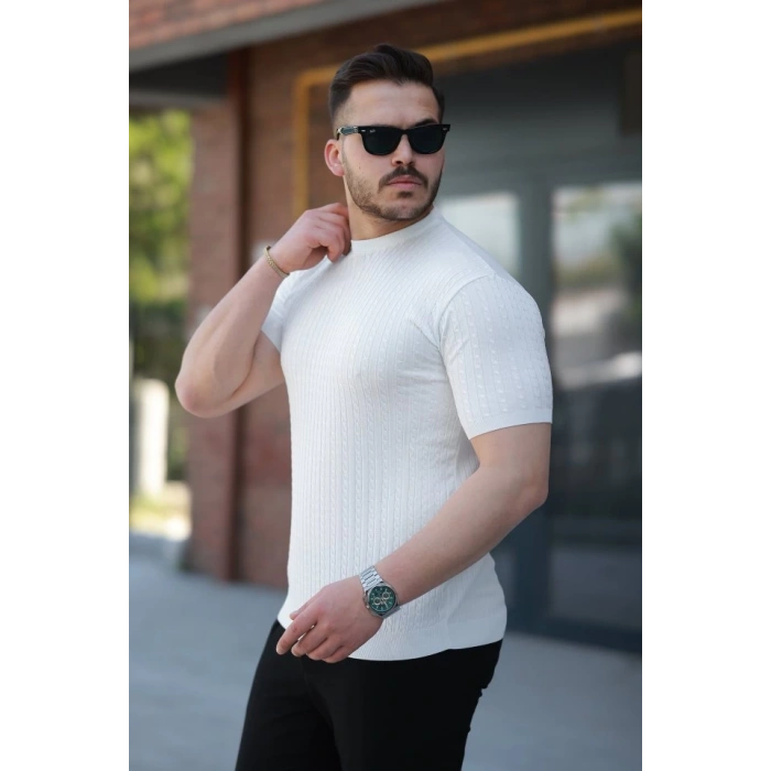 Erkek Bisiklet Yaka örgü Desenli Kısa örme Triko Kısa Kollu T-shirt