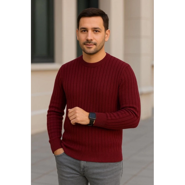 Erkek Bisiklet Yuvarlak Yaka Triko Kazak Pamuklu Kalın Fitilli Dokuma, Regular Fit Uzun Kollu Kışlık Model - Bordo