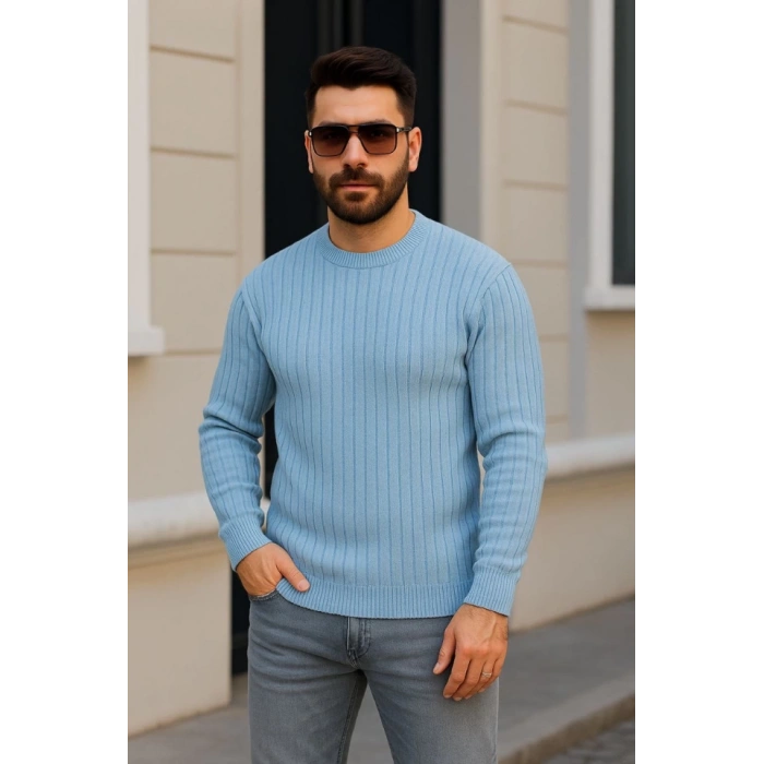Erkek Bisiklet Yuvarlak Yaka Triko Kazak Pamuklu Kalın Fitilli Dokuma, Regular Fit Uzun Kollu Kışlık Model - Bebe Mavisi