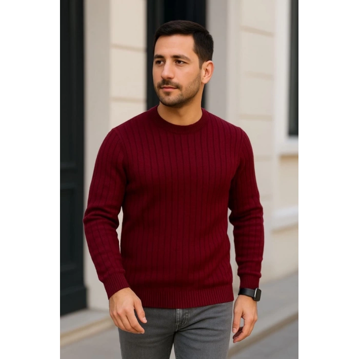 Erkek Bisiklet Yuvarlak Yaka Triko Kazak Pamuklu Kalın Fitilli Dokuma, Regular Fit Uzun Kollu Kışlık Model - Bordo