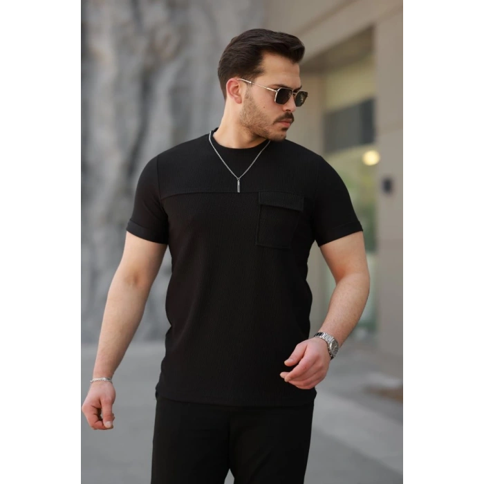 Erkek Cepli Kolyeli Kısa Kollu örme Kumaş T-shirt