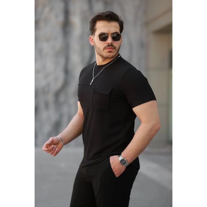 Erkek Cepli Kolyeli Kısa Kollu örme Kumaş T-shirt