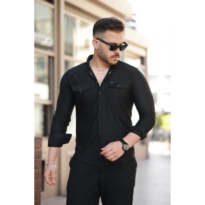 Erkek çift Cepli çıtçıt Düğmeli Uzun Kollu Gömlek