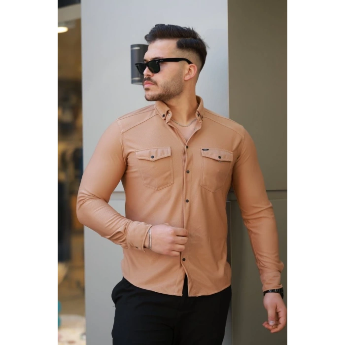 Erkek çift Cepli çıtçıt Düğmeli Uzun Kollu Gömlek