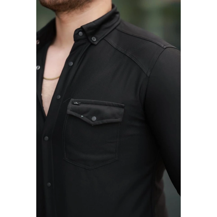 Erkek çift Cepli çıtçıt Düğmeli Uzun Kollu Gömlek