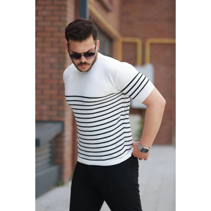 Erkek çizgi Desenli Bisiklet Yaka Kısa Kollu T-sihrt