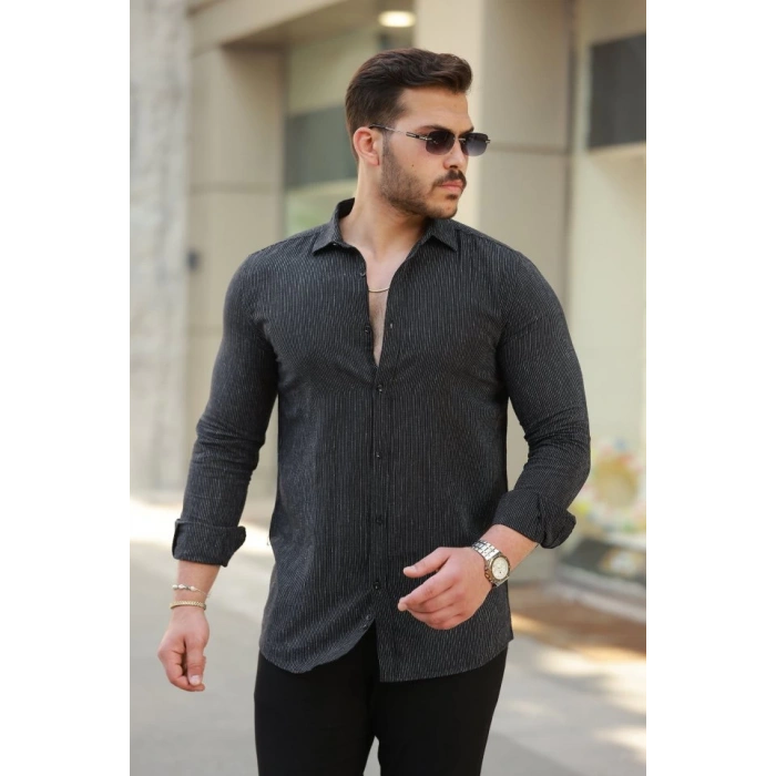 Erkek çizgi Desenli Uzun Kollu Pamuklu Keten Gömlek