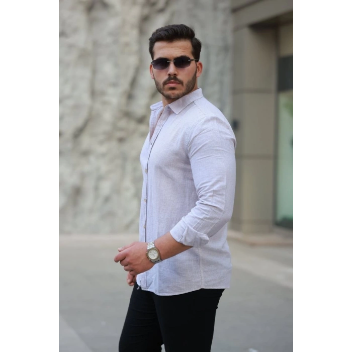 Erkek çizgi Desenli Uzun Kollu Pamuklu Keten Gömlek