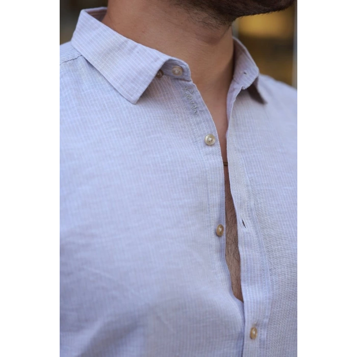 Erkek çizgi Desenli Uzun Kollu Pamuklu Keten Gömlek