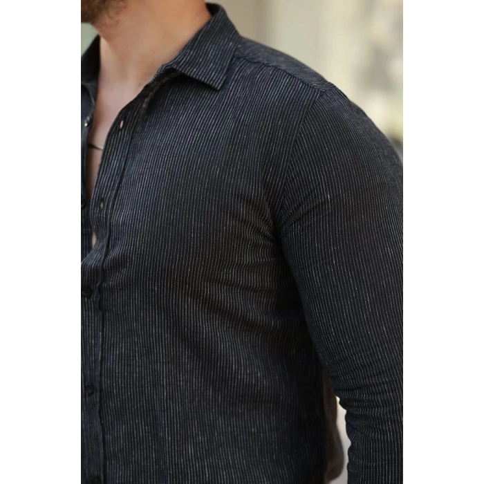 Erkek çizgi Desenli Uzun Kollu Pamuklu Keten Gömlek