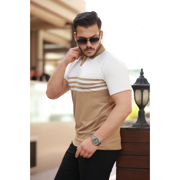 Erkek çizgi Desenli Yakalı Kısa Kollu T-shirt