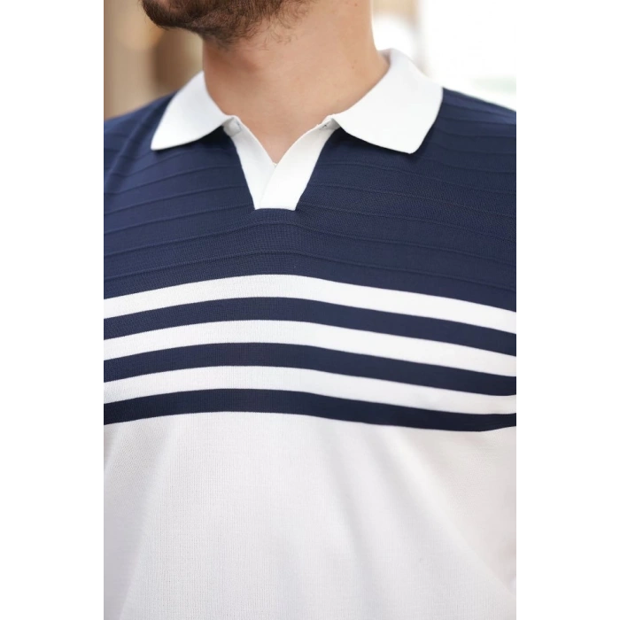 Erkek çizgi Desenli Yakalı Kısa Kollu T-shirt