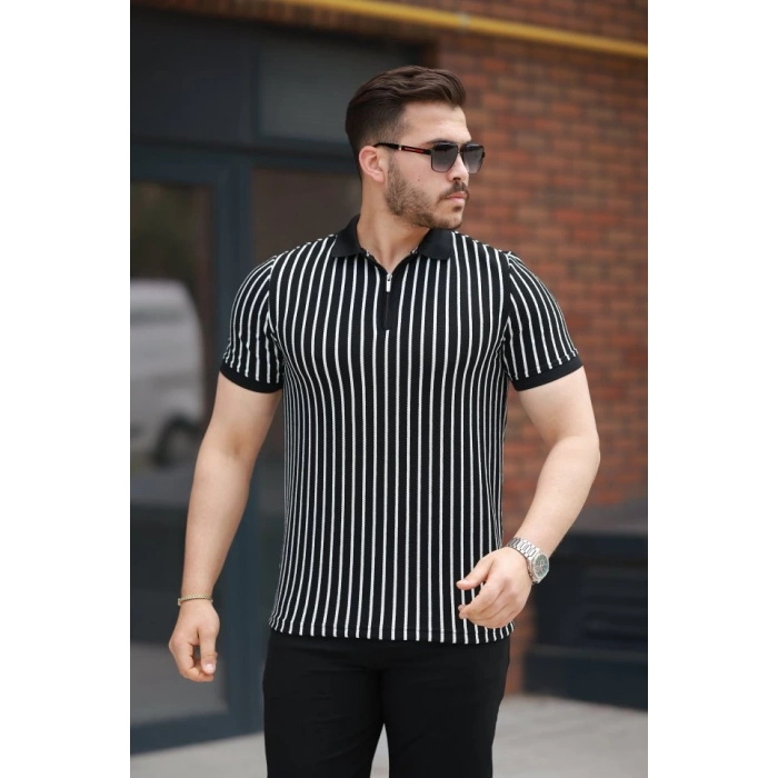 Erkek çizgili Fermuar Yakalı Kısa Kollu Tişört