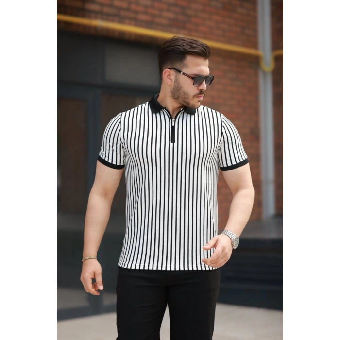 Erkek çizgili Fermuar Yakalı Kısa Kollu Tişört