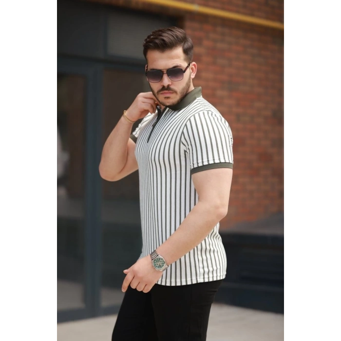 Erkek çizgili Fermuar Yakalı Kısa Kollu Tişört