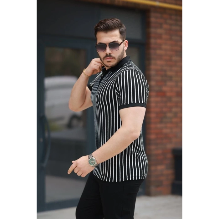 Erkek çizgili Fermuar Yakalı Kısa Kollu Tişört