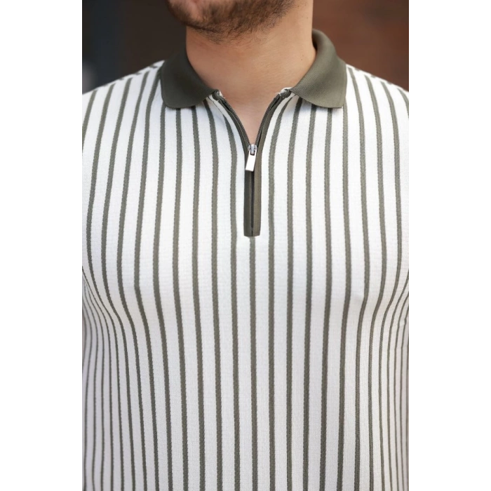 Erkek çizgili Fermuar Yakalı Kısa Kollu Tişört
