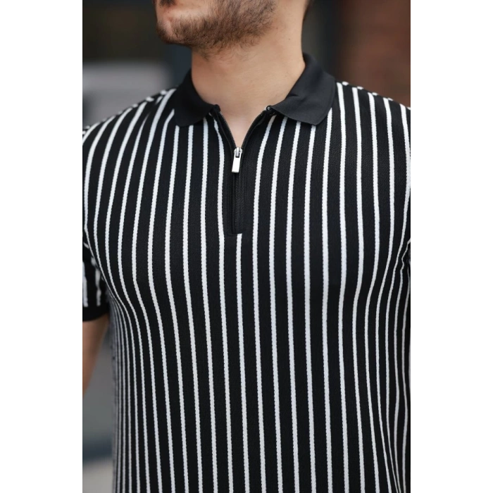 Erkek çizgili Fermuar Yakalı Kısa Kollu Tişört