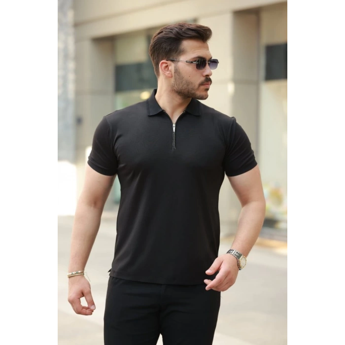 Erkek Deri Panel Detaylı Fermuar Yakalı Kısa Kollu Tişört