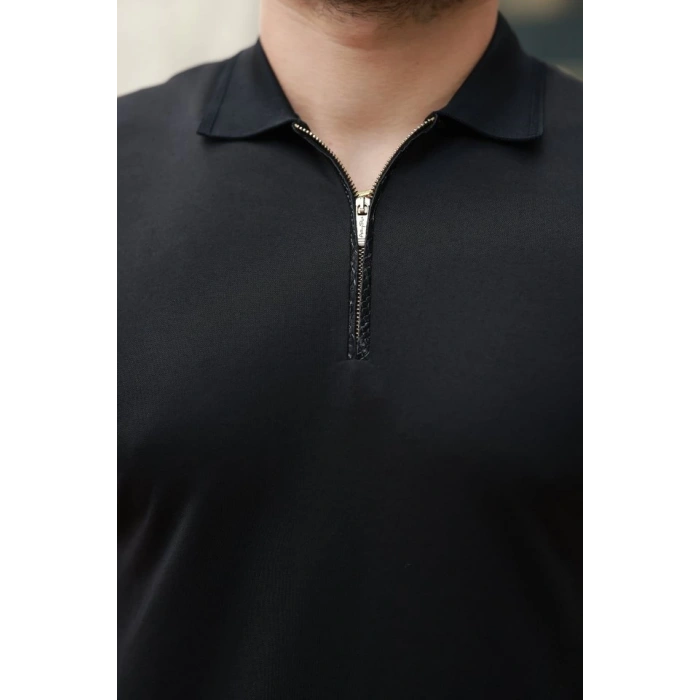 Erkek Deri Panel Detaylı Fermuar Yakalı Kısa Kollu Tişört