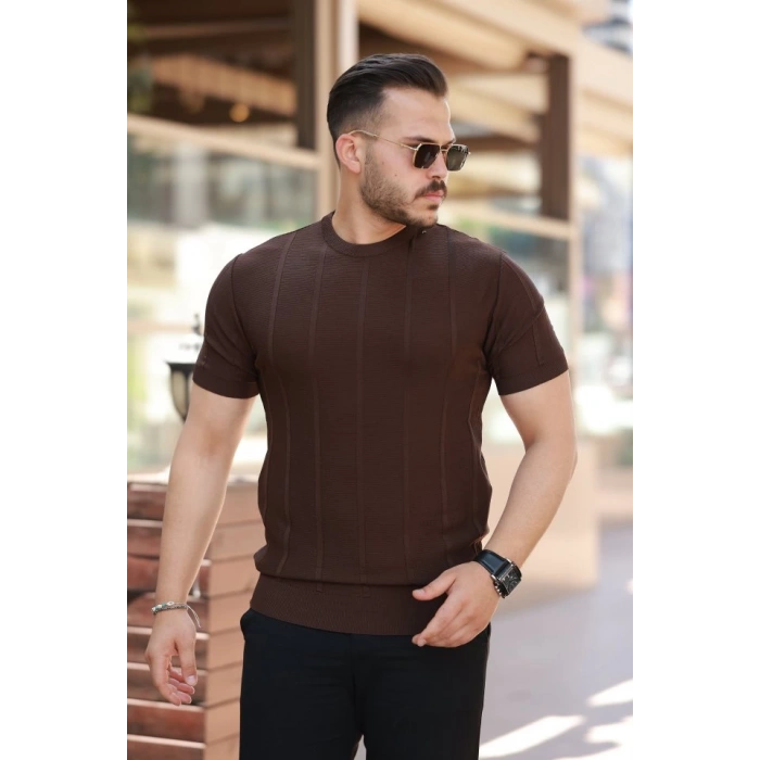 Erkek Desenli çizgi Kabartmalı Kısa Kollu Tişört