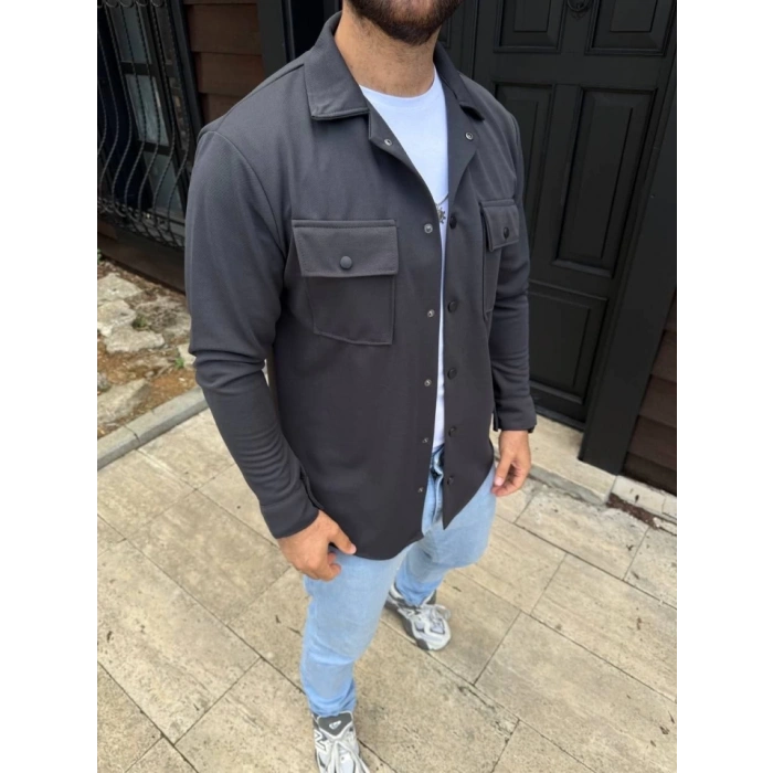 Erkek Diagonal Kumaş Cepli Çıtçıtlı Uzun Kollu, Gömlek Oversize Rahat Kalıp Günlük Şık Stil - Füme