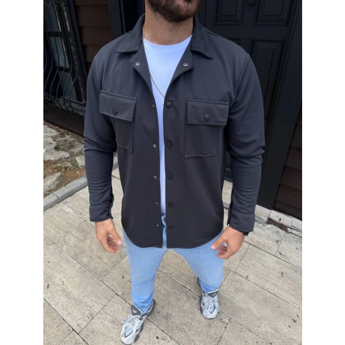 Erkek Diagonal Kumaş Cepli Çıtçıtlı Uzun Kollu, Gömlek Oversize Rahat Kalıp Günlük Şık Stil - Füme