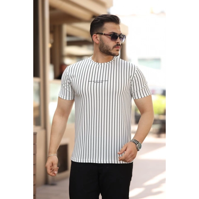 Erkek Dikey çizgili Ottoman Kumaş Kısa Kollu T-shirt