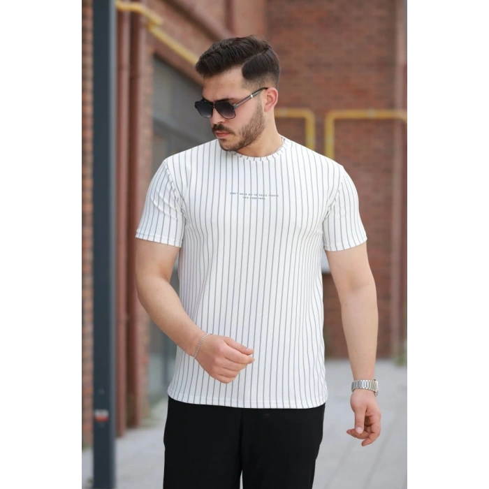 Erkek Dikey çizgili Ottoman Kumaş Kısa Kollu T-shirt