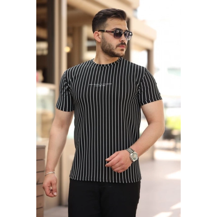 Erkek Dikey çizgili Ottoman Kumaş Kısa Kollu T-shirt