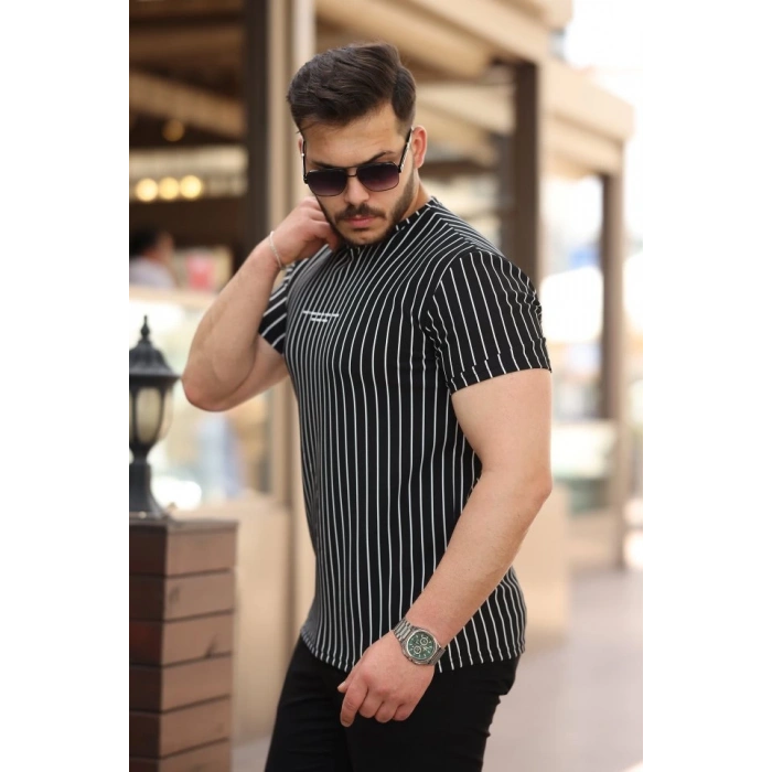 Erkek Dikey çizgili Ottoman Kumaş Kısa Kollu T-shirt