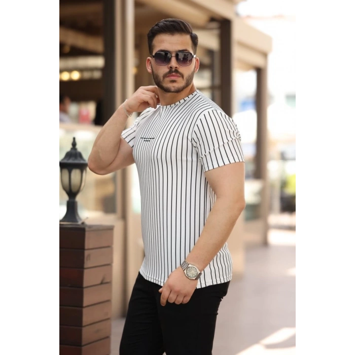 Erkek Dikey çizgili Ottoman Kumaş Kısa Kollu T-shirt