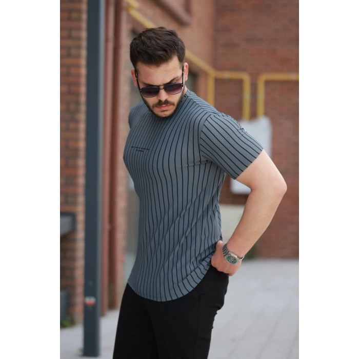 Erkek Dikey çizgili Ottoman Kumaş Kısa Kollu T-shirt