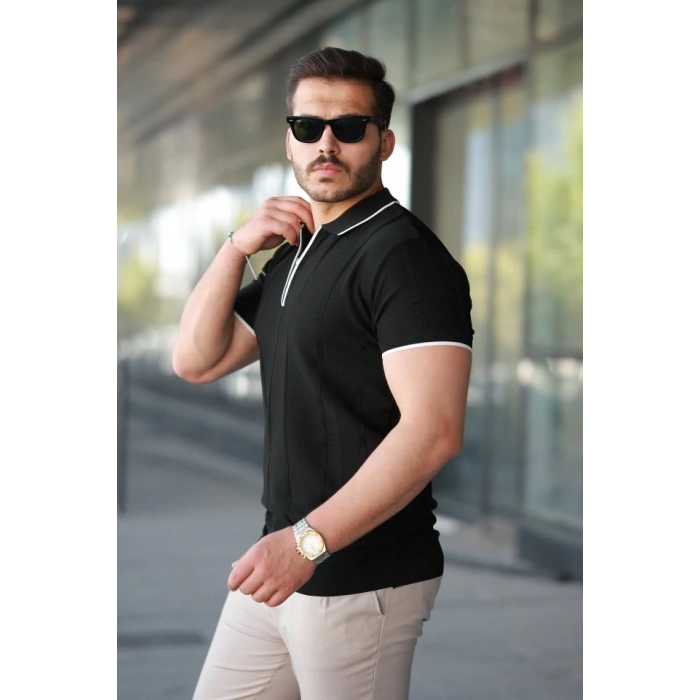 Erkek Dikey Kabartmalı Örgü Dokulu Fermuar Yakalı Tişört