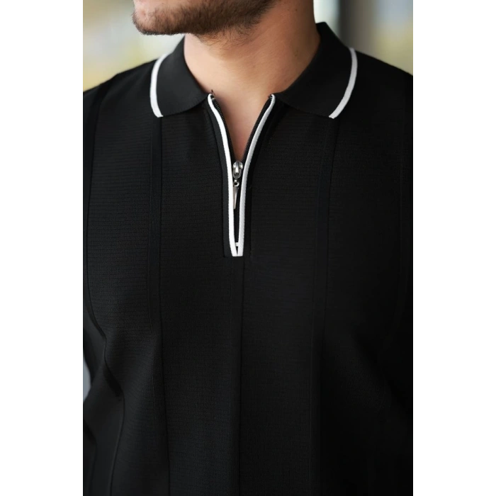 Erkek Dikey Kabartmalı Örgü Dokulu Fermuar Yakalı Tişört